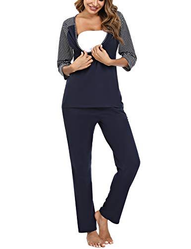 Doaraha Conjunto de Pijamas de Maternidad y Enfermería para Mujer Rayas Manga Media Pijama Premamá Lactancia Camiseta y Pantalones Algodón Embarazo Ropa de Dormir (Azul, 2XL)