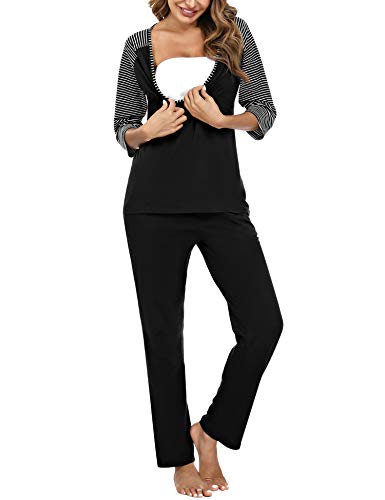 Doaraha Pijamas de Lactancia Mujer Invierno Conjunto Ropa Maternidad Rayas Manga Media Pijama Premamá Camiseta y Pantalones Algodón Embarazo Ropa de Dormir (Negro, XL)