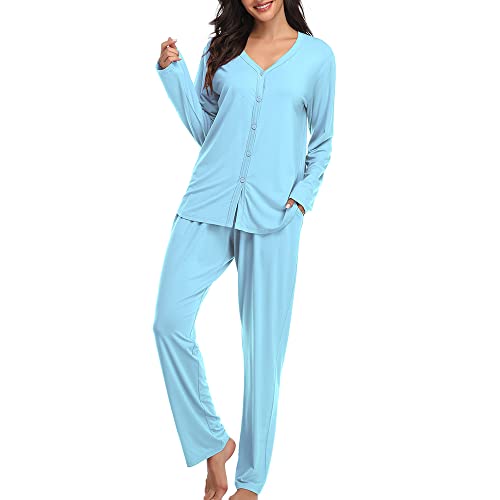 SHEKINI Pijamas de Modal de Mujer Pijamas de Algodón con Botones con Cintura Elástica Camisón Pijama Clásico de 2 Piezas Pijama Largo de Dos Piezas
