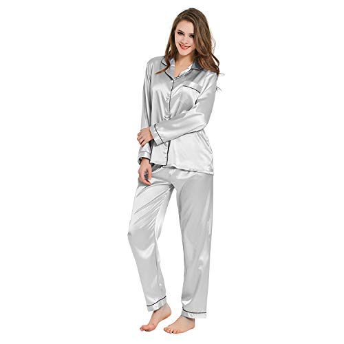 Conjunto de Pijamas para Mujer, Ropa de Dormir de Seda de satén con Manga Larga y Camisa de Dormir de Color sólido con Botones (Gris, M)