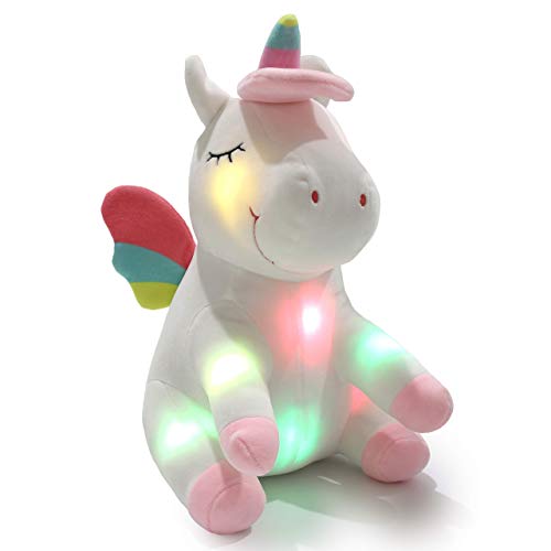 Unicornio con luz de peluche suave, animales de peluche LED con luces nocturnas de colores brillantes, cumpleaños para niñas y mujeres, 12 pulgadas