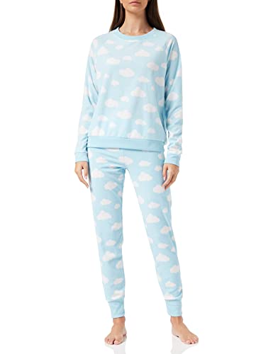 Iris & Lilly Pijama de Forro Polar Mujer, Azul Blanco Estampado de Nubes, 40