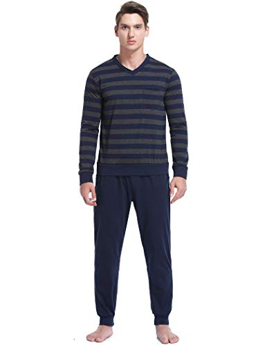 Pyqian Pijama Hombre Largo Invierno Algodon,Conjuntos de Pijamas Hombre Invierno Algodon Largo Camisa Pantalones Calentito Ropa de Dormir Completa