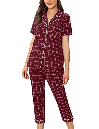 iClosam Pijama Mujer Verano Corto Pijamas con Botones de Celosía Camiseta y Pantalones Suave Casual Ropa para Dormir Comodo S-XXL