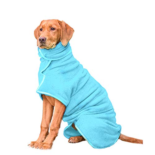 HAPPY HACHI Albornoz para Perros, Toalla baño Microfibra Secado Rápido Perros con Cinta Ajustable, Pijamas para Cachorros Mascotas Grandes(L, Azul)