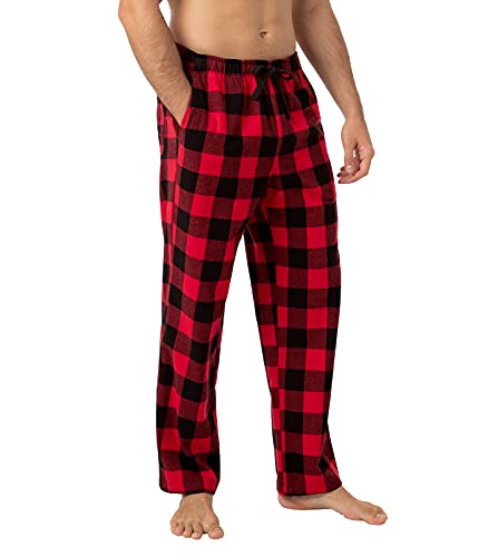 LAPASA Pantalon Pijama Hombre Algodon Franela Pajama Pant Dormir Largo Cuadro Bragueta con Boton estar en Casa Suave Comodo Invierno M39 S Cuadros en Negro y Rojo