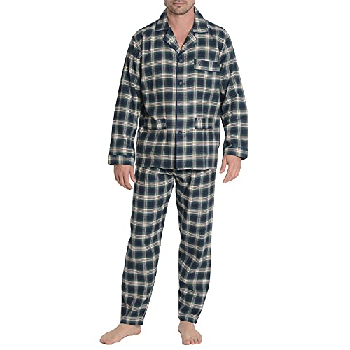 El Búho Nocturno - Pijama Hombre Largo Premium Solapa Franela Cuadros Verde 100% algodón Talla 3 (M)