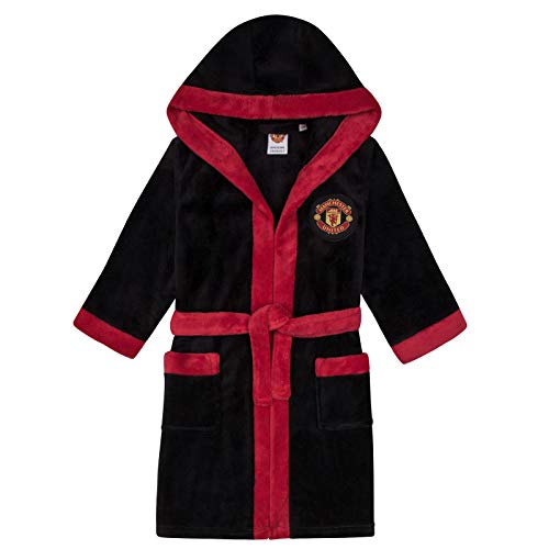 Manchester United FC - Batín oficial con capucha - Para niño - Forro polar - Negro - 5-6 años