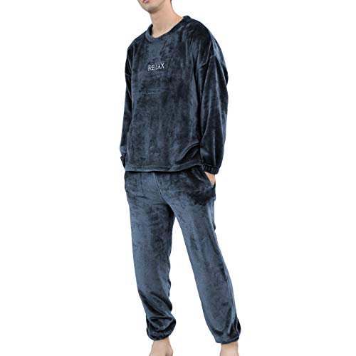 Pijama Unisex Hombre y Mujer a Juego Forro Polar Pijama 2 Piezas Conjuntos de Parejas para Invierno Ropa de Casa Manga Larga y Pantalones Largos (Azul Marino, XXL)