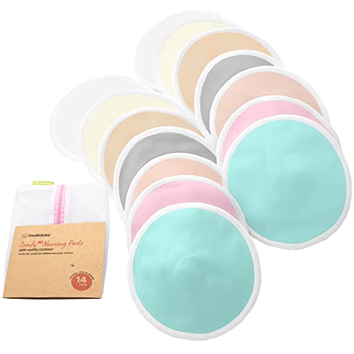 Almohadillas de lactancia de bambú orgánico - 14 almohadillas lavables + bolsa de lavado - Almohadilla de lactancia para la maternidad - Cubrepezones reutilizables para lactancia (Pastel Touch Lite)