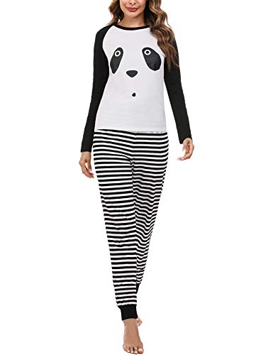 Irevial Pijamas para Mujer Invierno,Pijamas de Algodón Estampado de Panda,Lindo Camiseta Cuello Redondo y Pantalones Larga con Bolsillos 2 Piezas Ropa de Dormir Talla Grande Pijama Set Suave