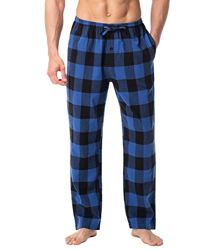 LAPASA Pantalon Pijama Hombre Algodon Franela Pajama Pant Dormir Largo Cuadro Bragueta con Boton Estar en Casa Suave Comodo Invierno M39 XS Cuadros en Negro y Azul