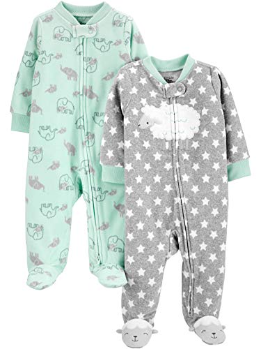 Simple Joys by Carter's 2-Pack Neutral Fleece Footed Sleep and Play Dormir para bebés y niños pequeños, Gris Estrellas/Verde Menta Elefante, 0 Meses (Pack de 2)