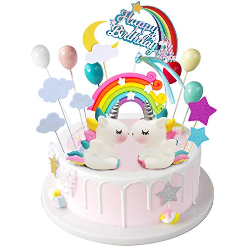 iZoeL Adorno Tarta Unicornio Happy Birthday Banderines Globos Arcoiris Estrella Cake Topper Decorar Tartas Infantiles Niñas