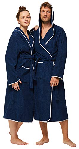 Sowel® Albornoz Premium para Mujeres y Hombres, 100% Algodón Orgánico, Capucha, extra Largo, Esponjoso, M, Azul navy/Gris