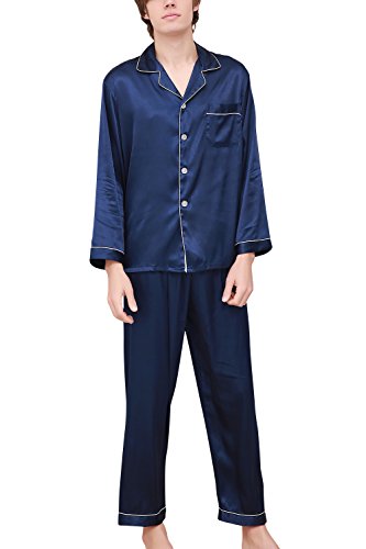 Dolamen Pijamas para Hombre Satén Largo, Hombre Parejas Primavera Verano Camisones Pijamas de Parejas Ropa de Dormir, Collar con Bolsillo con Botones (X-Large, Azul)