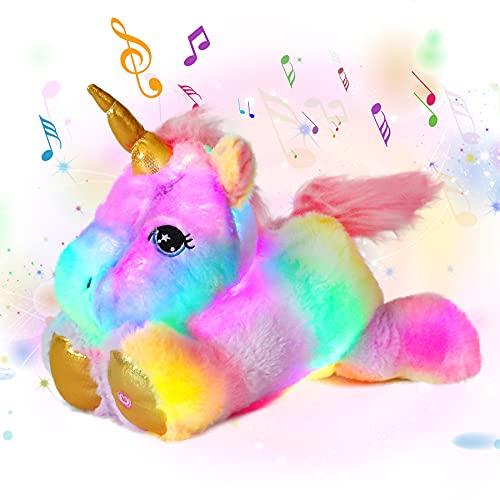 Cuteoy Peluche musical de unicornio relleno con luz LED para la noche de animales, luces cantando que brillan en la oscuridad, canciones, 13 pulgadas (unicornio) (1)