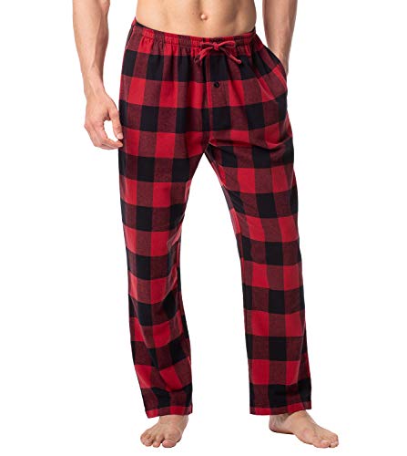 LAPASA Pantalon Pijama Hombre Algodon Franela Pajama Pant Dormir Largo Cuadro Bragueta con Boton Estar en Casa Suave Comodo Invierno M39 S Cuadros en Negro y Rojo
