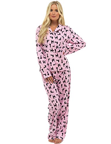 CityComfort Ladies Comfy Pijamas Mujeres Soft Fleece Lounge Wear | Bordado con manga larga | Presente perfecto para mujeres (16-18 (L), gato rosado)