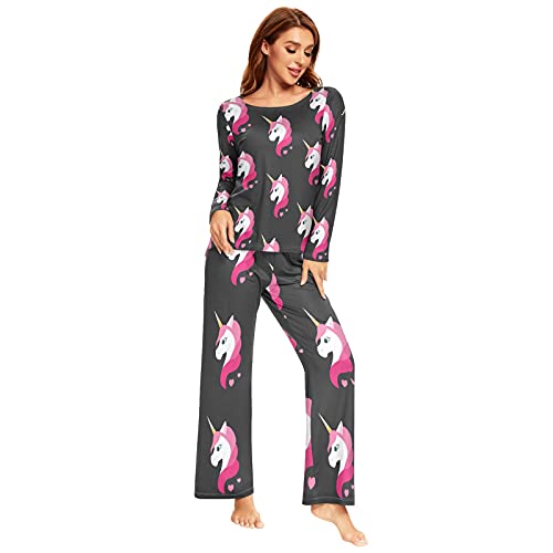 Mnsruu Conjunto de pijama de corazón de amor de unicornio para mujer, 2 piezas, ropa de dormir de manga larga, Multicolor, S
