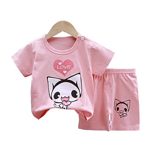 Fansu Pijamas Enteros de Manga Corta para Niños, Pijamas Dos Piezas Bebé Niña Verano Algodón Juego de Pijama Camisetas Pantalones Estampado Animal Carta (Gato Amarillo Amoroso,73cm(3-9 Meses))