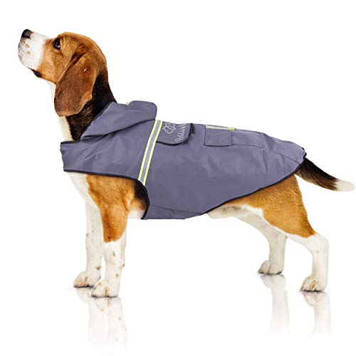 Bella & Balu Chubasquero de perro - Impermeable para mascotas con capucha y reflectores para proteger a su perro en paseos largos del frío, la lluvia o la nieve en épocas frías.(M | GRIS)