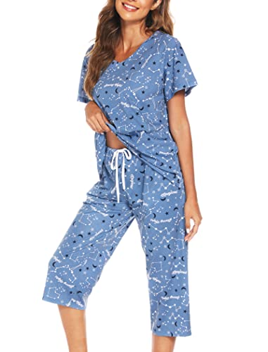 ENJOYNIGHT Pijama de algodón para mujer, para verano, corto, de manga corta, con pantalones pirata de 3/4 de largo, Estrella azul., L