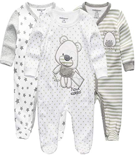 Kiddiezoom Mamelucos de algodón con pies de ajuste cómodo pijama de manga larga Onsises Sleepsuit, Oso gris y estrella y oso a rayas, 9 mes