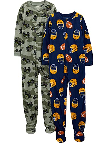 Simple Joys by Carter's Holiday Loose-Fit Flame Resistant Fleece Footed Pajamas Conjunto de Pijama, Azul Marino Fútbol/Verde Camiones Monstruo, 5-6 años (Pack de 2) para Niños